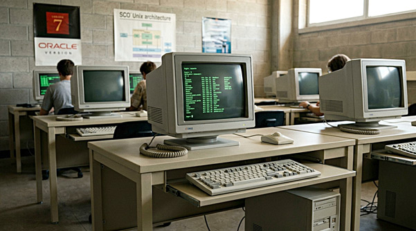 1990s Unix Computer Lab with CRTs (AI Visualization)